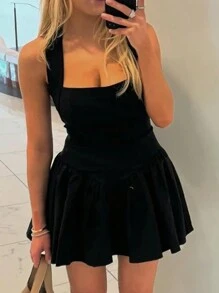 INAWLY 女士夏季性感露背吊带短款黑色连衣裙 - 黑色 - 查看 6