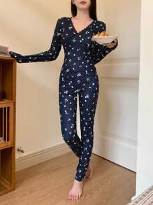 DAZY Spitzen-Patchwork-Muschel-Besatz, Blumen-Allover-Muster Top und Hose Lässig Schlafanzug Set, Herbstkleidung Pyjama