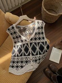 Comfortcana Women's Casual Diamond Pattern Knitted Cardigan Vest