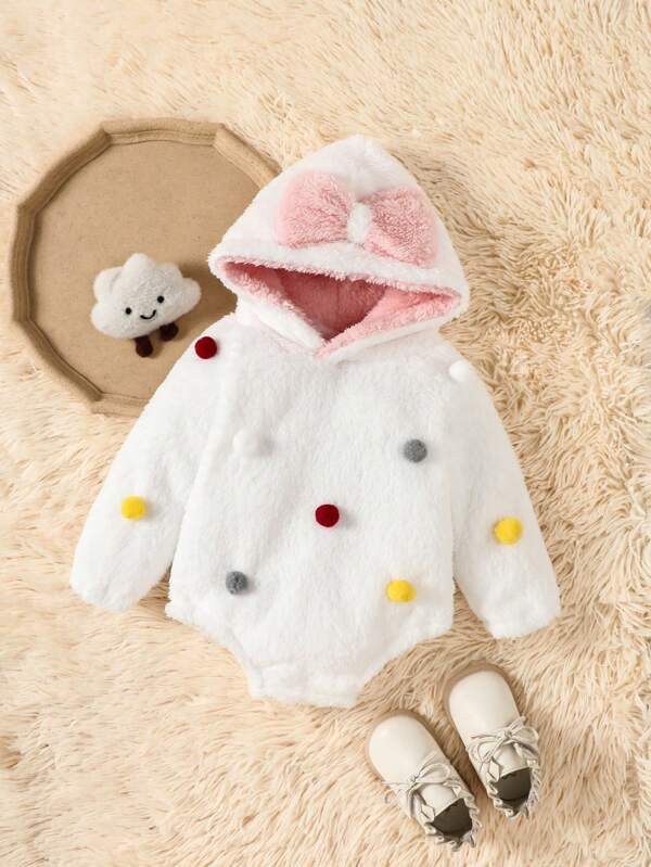Baby Girls' Cute Fluffy Multi-Color Ball Decor Hoodie Romper, Suitable For Home Or Outfits