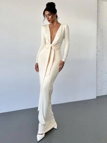 Firerie 女士春秋深 V 领纯色修身连衣裙 - 杏色 - 查看 5