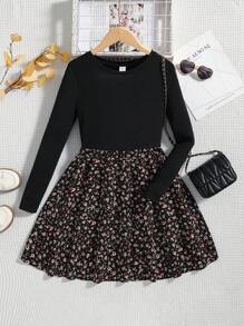 SHEIN Leap Crew Young Girl Knitted Solid Color Patchwork Floral Casual Dress - Black - View 1