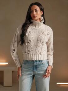 Anewsta 女式休闲高领毛衣，3D 钩针和珠饰，秋冬款 - 米色 - 查看 7