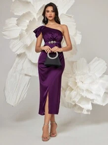 SHEIN Belle Vestido de cóctel elegante de mujer con escote asimétrico y sin mangas, vestido de fiesta semiformal para fiesta de cumpleaños, boda, graduación, cena, regreso a casa - Morado - Ver 6