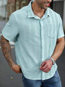 Manfinity Homme Plus Size Men's Casual Solid Textured Shirt, Summer - Dusty Blue - View 5