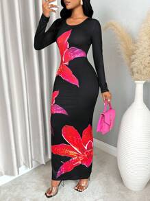 VaVaBold Elegant Flower Print Slim Fit Dress, Spring & Autumn