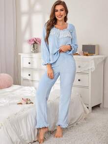 Fluffy Collared Cute Lace Women Pajamas Set - Multicolor - View 5