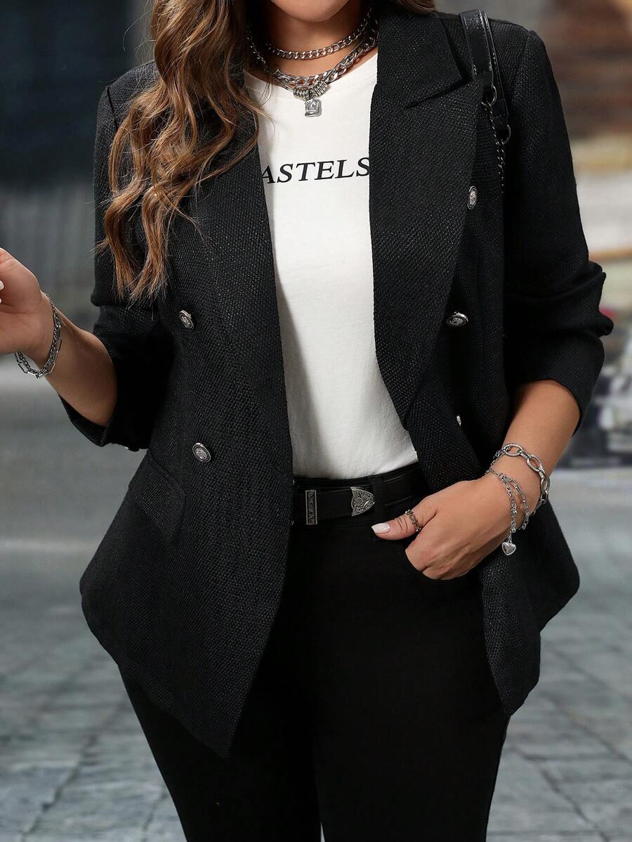 Flirla Plus Size Tweed Elegant Button-Up Blazer