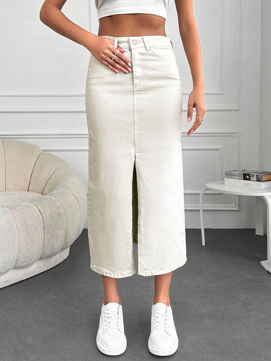 EURMUSE Split Thigh Denim Skirt - Beige - View 1
