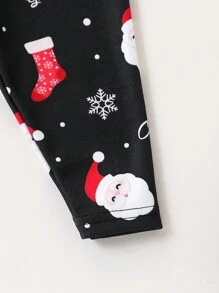 SHEIN 2 件装男婴舒适圣诞老人卡通印花长袖上衣和裤子睡衣套装 - 黑色 - 查看 6