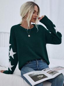 EMERY ROSE Crew Neck Long Sleeve Pentagram Graphic Casual Knit Pullover Sweater, Daily Wear, Knit Pullover Fall Winter - Green - View 5
