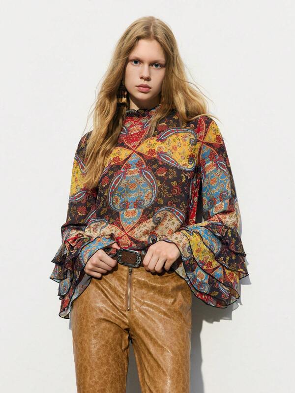 Maija Multicolor Bohemian Retro Printed Ruffle Cuff High Neck Long Sleeve Top, Suitable For St. Patrick's Day, Easter, Spring Festival, Music Festival Romantic, Fashion, Versatile; Suitable For Summer Vacation, Comfortable, Bohemian Style, Beach Wear, Swimsuit Cover-Up, Stylish, Elegant, Casual, , Simple Daily Wear, Country Style, Essential, Solid Color, Holiday Casual, Decent, Single Lady, Ideal For Vacation Elegant Fashion Business Casual Woman Going Out Tops Graduation Outfit European Summer Hawaii Outfits Women Summer Dresses For Women Streetwear Women Stockholm Style Teacher Outfits For Women