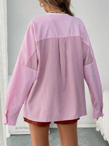 SHEIN LUNE Women Striped Print Tie Up Long Sleeve Shirt - Pink - View 2