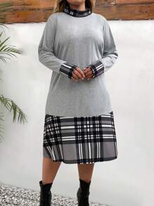 SHEIN LUNE Plus Size Plaid Patchwork Casual  Cotton Dress, Spring And Autumn - Grey - View 5