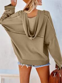 INAWLY Áo hoodie nữ màu trơn tối giản, kiểu dáng thường ngày, thích hợp cho mùa thu. - Màu Khaki - Xem 2