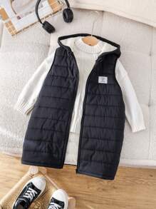 SHEIN 1pc Boys Casual Cute Daily Comfortable Versatile Warm Black Long Hooded Padded Coat, Suitable For Outings, School, Gatherings, Autumn & Winter - Multicolor - View 10