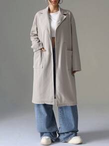 SHEIN EZwear Abrigo de mezcla de punto texturizado de longitud media para mujer - Albaricoque - Ver 3