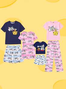 TOM & JERRY X SHEIN 2 件套年轻男孩卡通印花蓝色短袖 T 恤和浅蓝色菱形格子短裤睡衣套装，夏季 - 藍色 - 查看 2