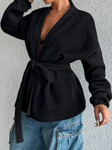 SHEIN Cottnline Solid Drop Shoulder Belted Coat - Black - View 3