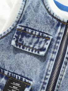 Áo vest denim màu xanh họa tiết vá đá thời trang cho bé trai, nhiều túi, thích hợp làm quần áo mặc ở nhà và đi học vào mùa thu cho bé trai - Rửa nhẹ - Xem 5