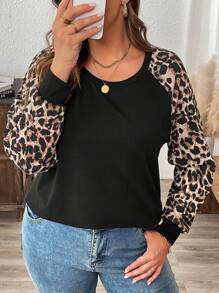 SHEIN LUNE 大码豹纹拼布印花针织 T 恤 - 彩色 - 查看 6