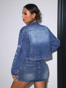 SHEIN ICON Áo khoác denim nữ, áo khoác denim bó tay dài, trễ vai, họa tiết chữ thập, màu xanh - Rửa tối - Xem 2
