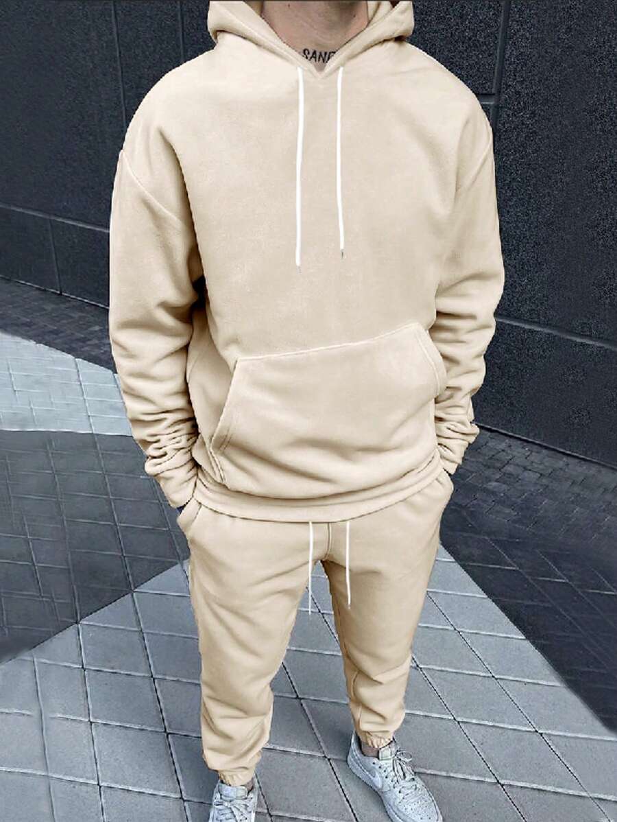 Manfinity LEGND 2pcs Women Solid Color Casual Hoodie Sweatshirt And Pants Set - Khaki - View 1