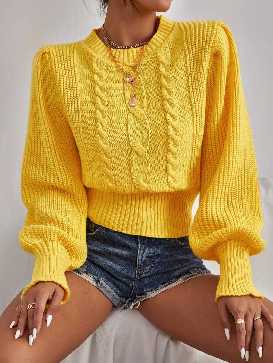 RueChic Cable Knit Lantern Sleeve Jumper - Yellow - View 1