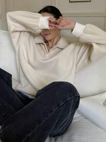 DAZY 女士宽松字母刺绣翻领长袖卫衣，长袖上衣，秋季女装，保暖内衬 - 杏色 - 查看 9