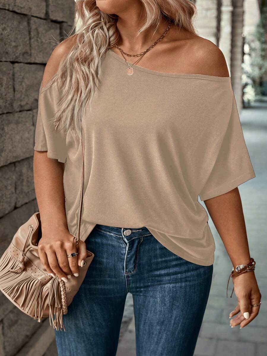 INAWLY 夏季休闲宽松不对称领口短袖大码 T 恤 - 杏色 - 查看 1