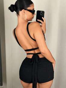 SHEIN ICON 2pcs Summer Sexy Backless Tie Camisole And Plain Low-Waist Shorts Set