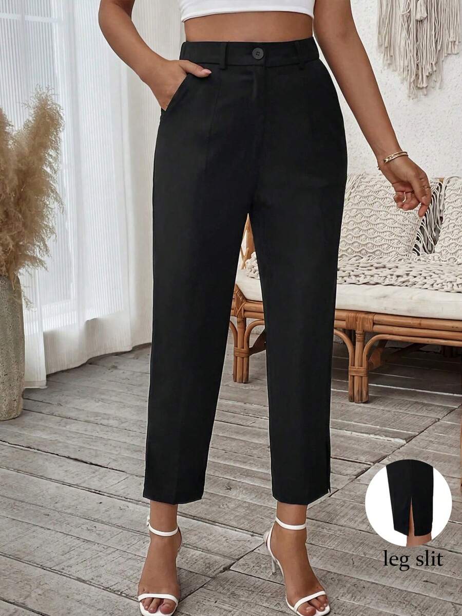 SHEIN Clasi Pantalón tipo capri de color negro sólido y minimalista para mujer, de uso diario - Negro - Ver 1