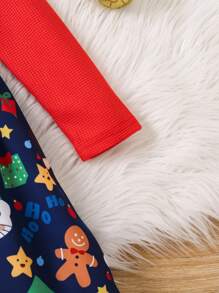 Toddler Girls' Cute & Artsy Christmas Themed Reindeer, Santa Claus, Christmas Tree Print Long Sleeve Ruffle Trim Waffle Knit Party Dress, Autumn - Multicolor - View 4