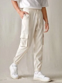 Manfinity VCAY Men's Casual Woven Loose Solid Color Elastic Waist Straight Leg Pants - White - View 3