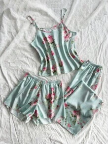3 piezas/set Pijamas de mujer de popelina con estampado floral - Verde - Ver 3