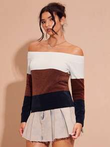 Glamine Off Shoulder Color Block Loose Knitted Sweater For Women, Fall Winter - Multicolor - View 5