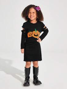 Young Girl Halloween Party Pattern Cold Shoulder Distressed Sweater Dress,Perfect For Autumn And Winter - Black - View 2