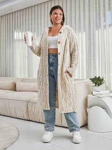EURMUSE Plus Size Casual Hooded Cable Knit Cardigan - Beige - View 6