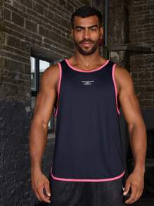 Gym Rark Plus Size Men's Contrast Trim Crew Neck Sleeveless Letter Printed Minimalist Sports Tank Top - Navy Blue - View 4