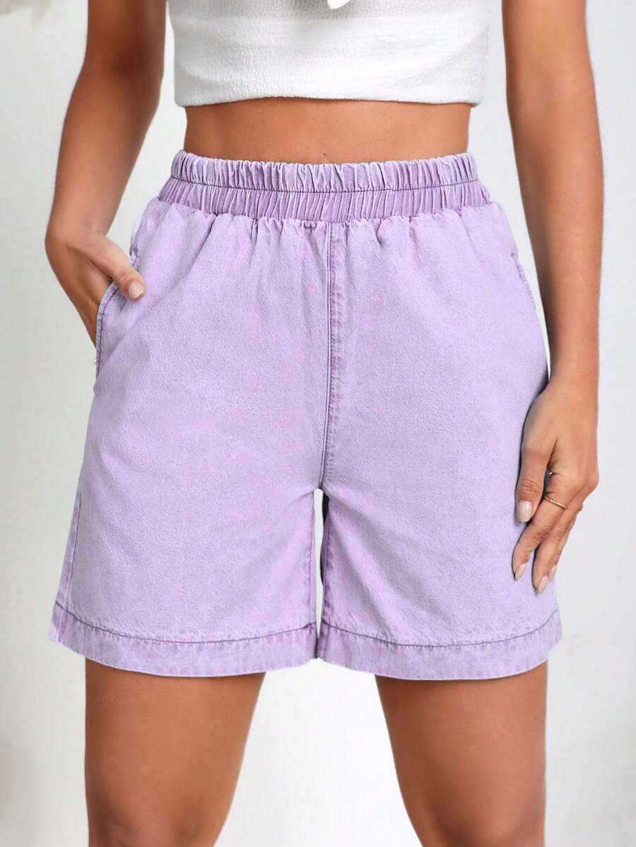 Summer Casual Washed Denim Shorts - Mauve Purple - View 1