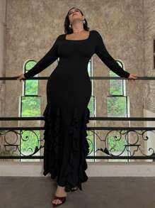 SHEIN Privé Plus Size Elegant Commute & Date Night Sexy Concert Design Scoop Neck Long Sleeve Fitted Black Maxi A-Line Ruffle Hem Dress - Black - View 7