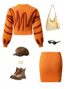 Tween Girl Line 印花圆领长袖毛衣和针织 A 字裙休闲套装，秋冬装 - 橘色 - 查看 2