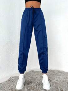 Cottnline Women's High Waist Elastic Drawstring Tapered Leg Solid Color Sweatpants - Blue - View 5