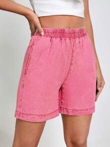 Casual Washed Denim Shorts, Summer - Pink - View 4
