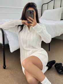 DAZY 简约罗纹针织翻领迷你长款休闲连衣裙秋冬睡衣 - 白色 - 查看 5
