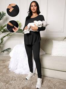 SHEIN 哺乳孕妇休闲纯色长袖上衣和裤子套装，春/秋 - 黑色 - 查看 1