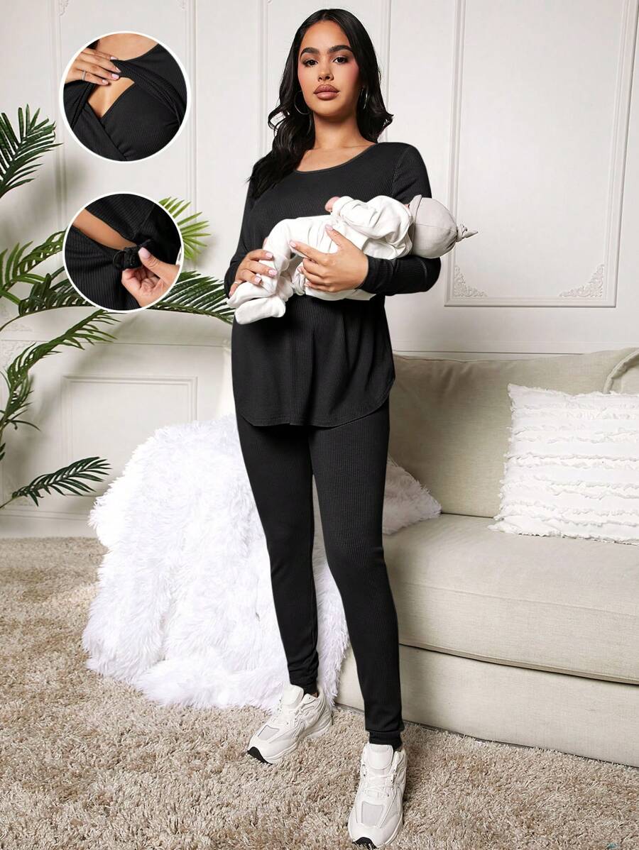 SHEIN 哺乳孕妇休闲纯色长袖上衣和裤子套装，春/秋 - 黑色 - 查看 1