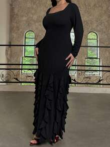 SHEIN Privé Plus Size Elegant Commute & Date Night Sexy Concert Design Scoop Neck Long Sleeve Fitted Black Maxi A-Line Ruffle Hem Dress - Black - View 8