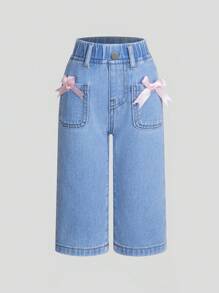 Infant Girls' Simple Versatile Pink Bowknot Washed Light Blue Denim Wide Leg Pants - Light Wash - View 1