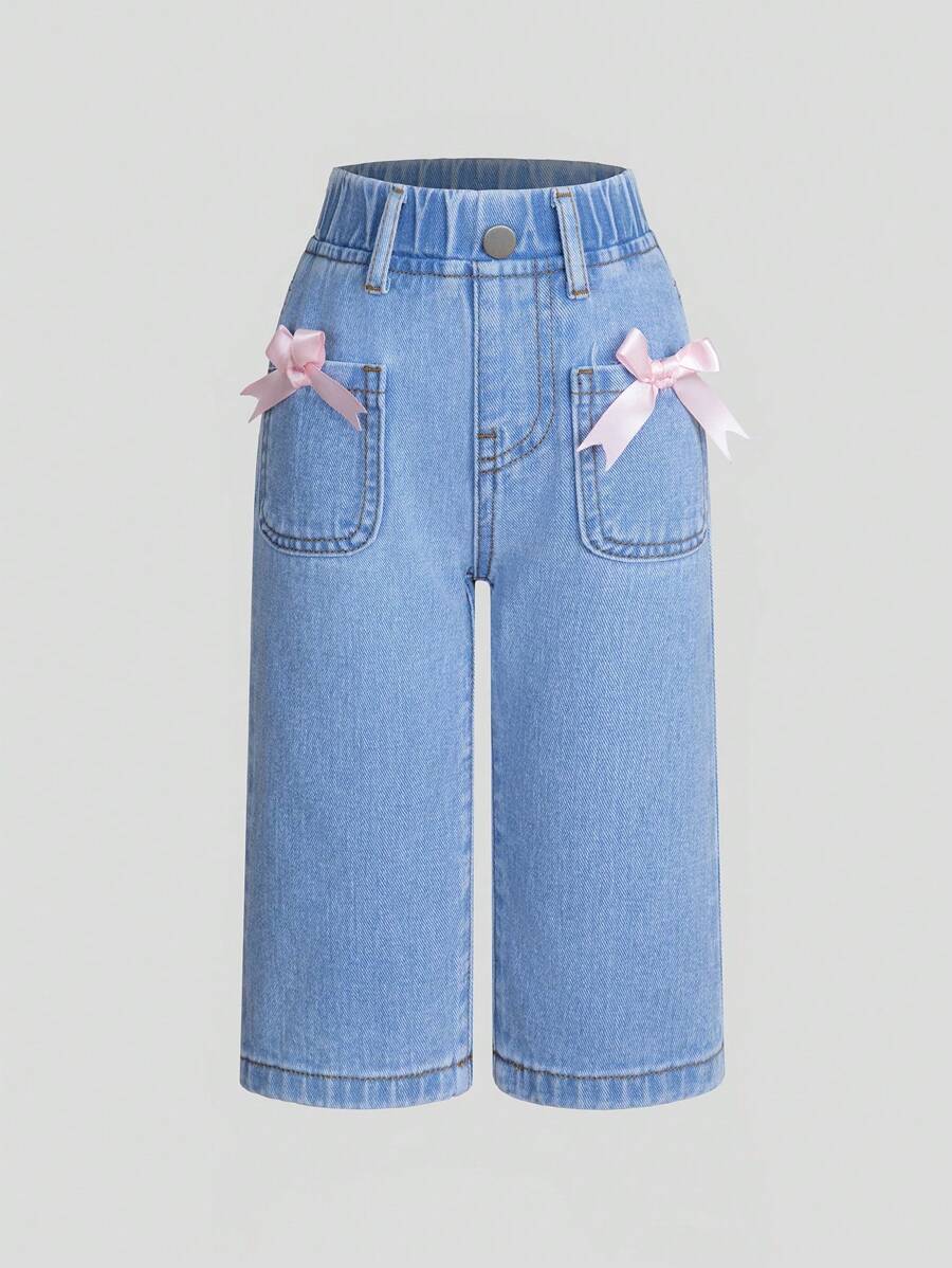 Infant Girls' Simple Versatile Pink Bowknot Washed Light Blue Denim Wide Leg Pants - Light Wash - View 1